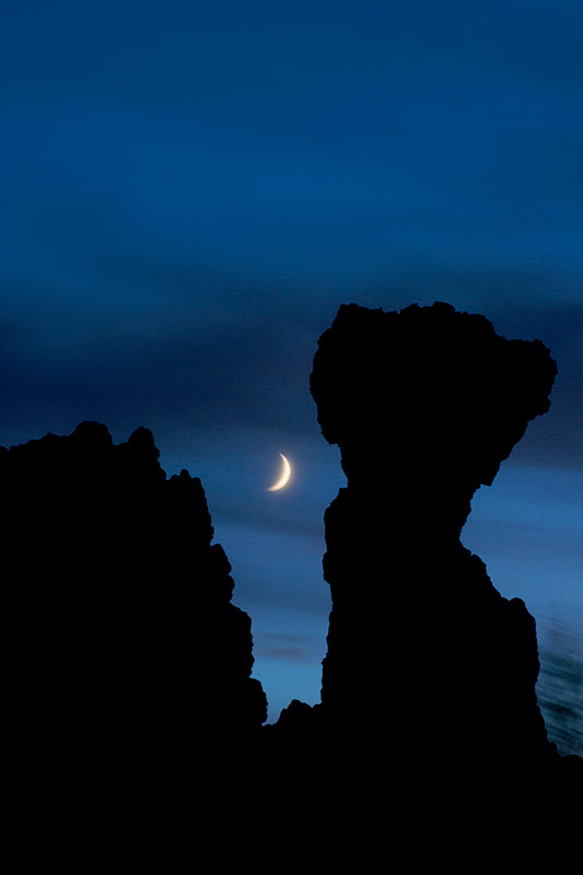 Tufa Silhouette and Crescent Moon, Mono Lake, California