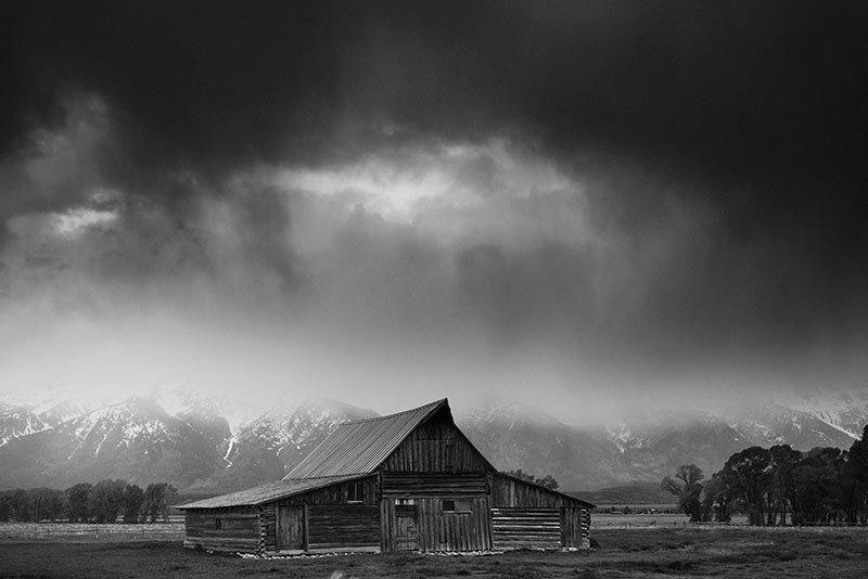 Mormon Row Barn Stormy Sunrise Black & White, Grand Teton National Park, Wyoming