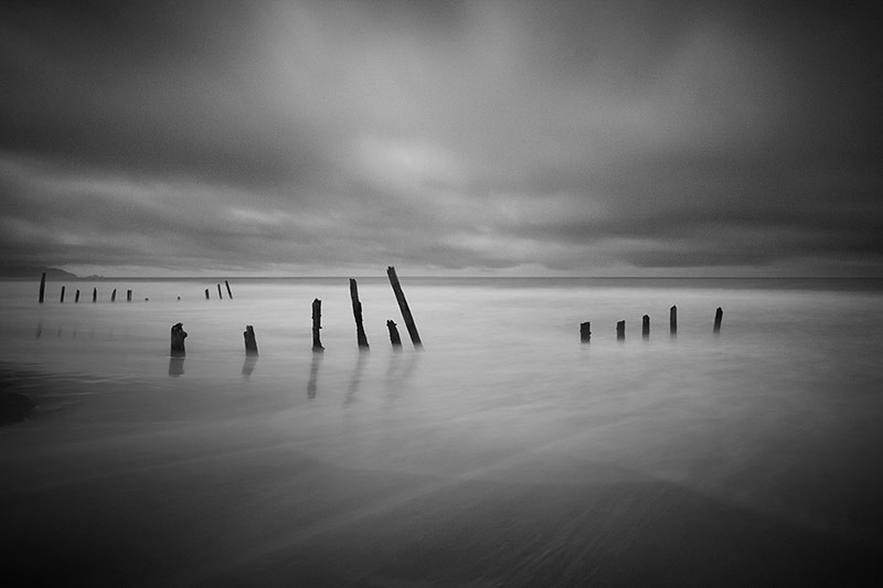 Black & White: Fort Funston Beach Pilings in Rain Storm, San Francisco, California